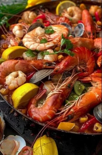 Deliciosa discada de mariscos lista para servir, llena de sabor y color.