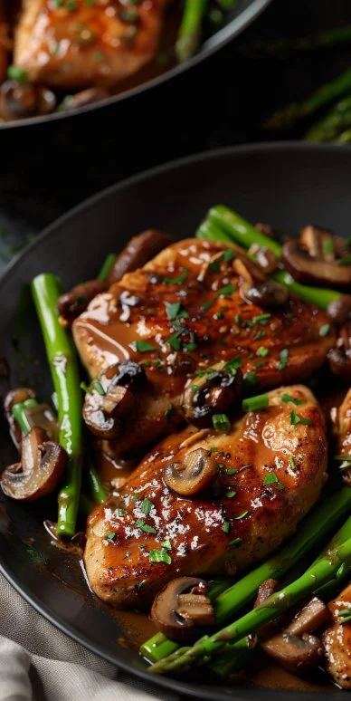 Pollo a la Madeira con Setas y Espárragos