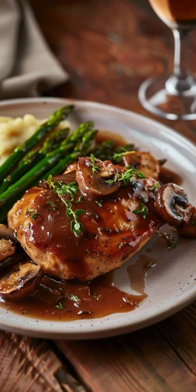 Pollo a la Madeira con Setas y Espárragos