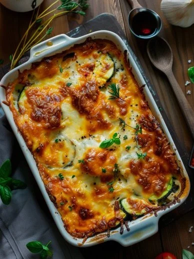 Plato de pollo calabacín con queso al horno, una receta deliciosa y fácil.