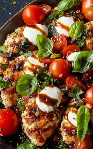 Plato de Pollo Caprese Albahaca con tomate, mozzarella y albahaca fresca.