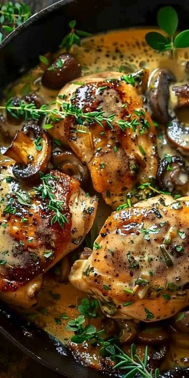 Pollo cremoso con champiñones y hierbas
