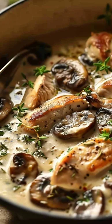 Receta de pollo cremoso con setas, platillo delicioso y fácil de preparar.