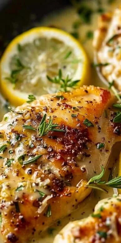 Plato de pollo cremoso limón parmesano con guarnición