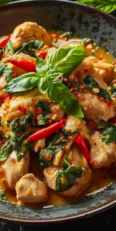 Plato de Pollo Cremoso Thai Albahaca con hierbas frescas