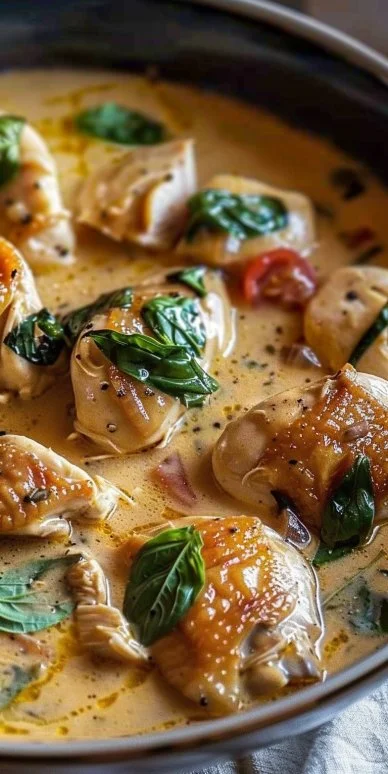 Plato de pollo cremoso toscano fácil servido en un tazón