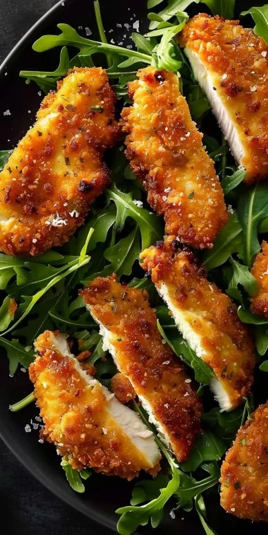 Plato de Pollo Crujiente Arúgula con ingredientes frescos y crujientes