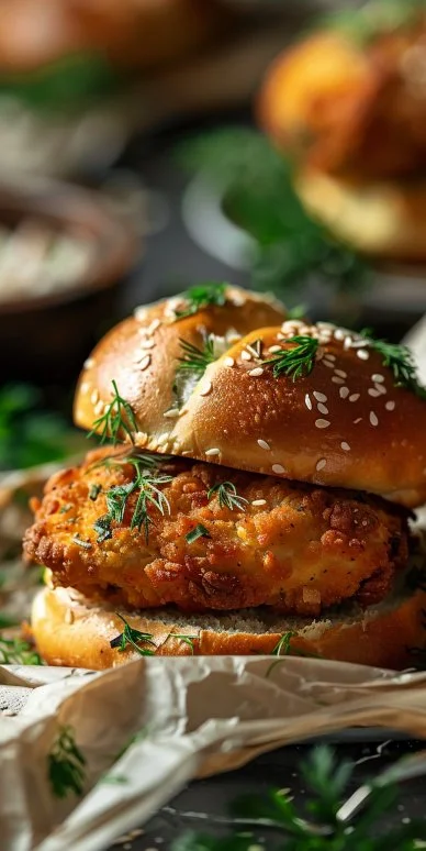 Pollo Crujiente Eneldo Brioche - una combinación perfecta de sabores crujientes y suaves.