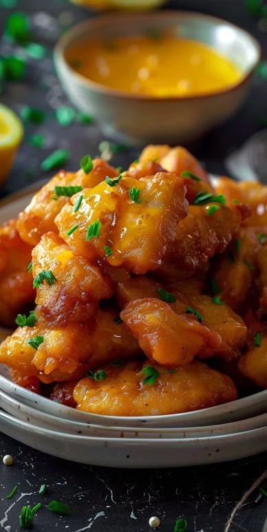 Pollo crujiente con miel y mostaza, un delicioso platillo listo para disfrutar.