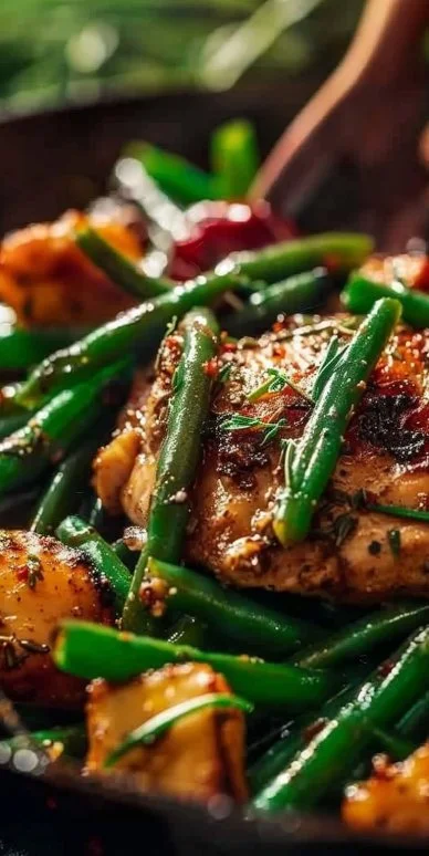 Plato de pollo fácil con judías verdes cocidas y especias frescas.