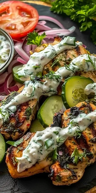 Plato de pollo tzatziki casero con salsa de yogur y especias
