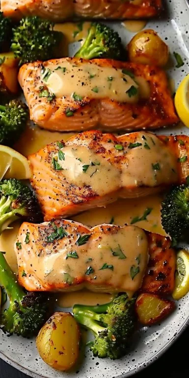 Salmón con mantequilla de limón, papas crujientes y brócoli en un plato