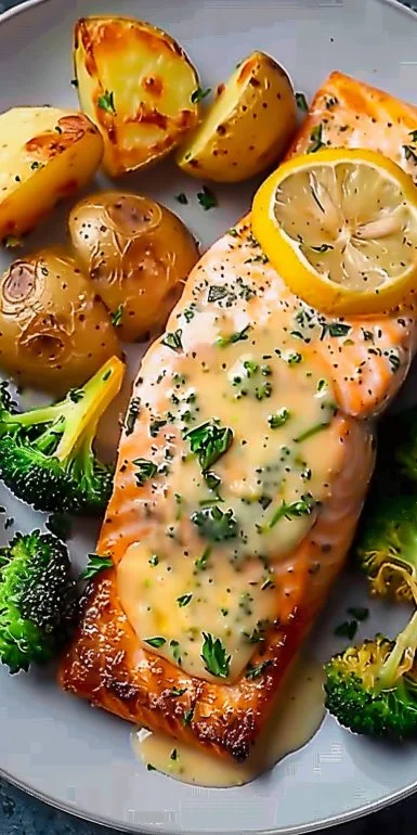 Receta de Salmón con Mantequilla de Limón, Papas Crujientes y Brócoli