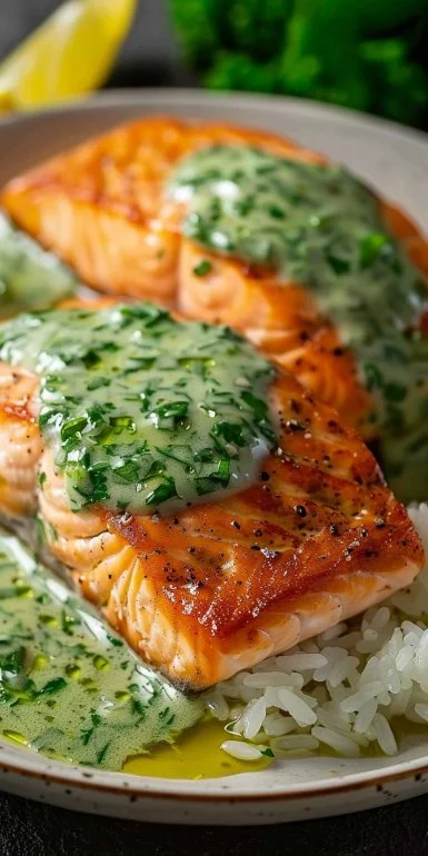 Plato de salmón en salsa de cilantro con guarnición