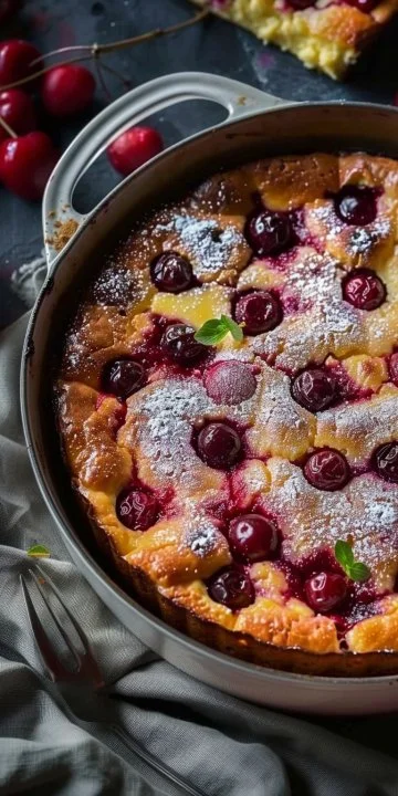 Clafoutis, postre francés tradicional con cerezas y masa suave.