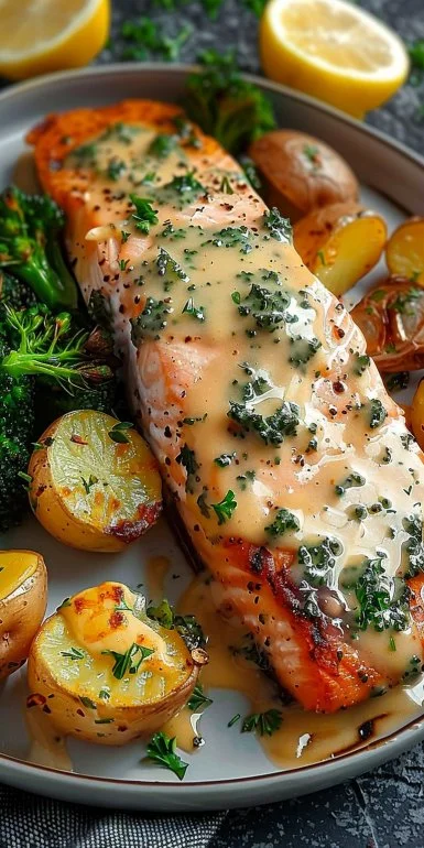 Salmón con mantequilla de limón, papas crujientes y brócoli