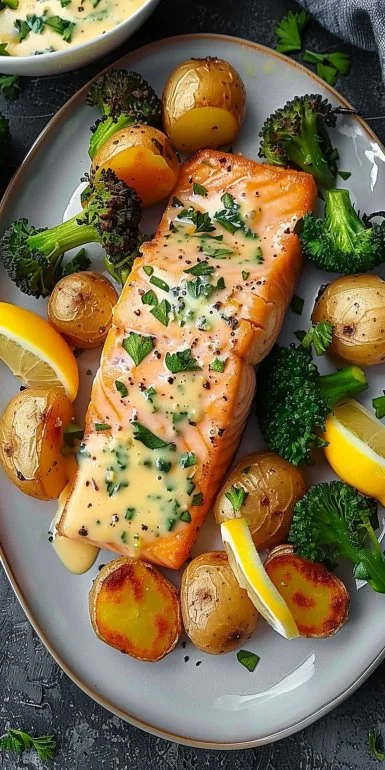 Salmón con mantequilla de limón, papas crujientes y brócoli