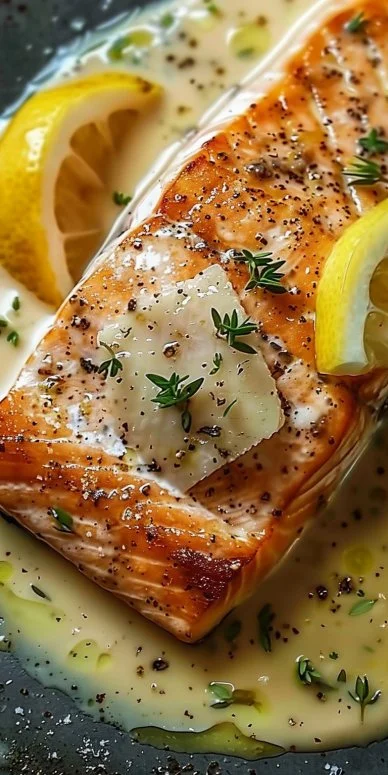 Plato de salmón con salsa de limón y queso parmesano