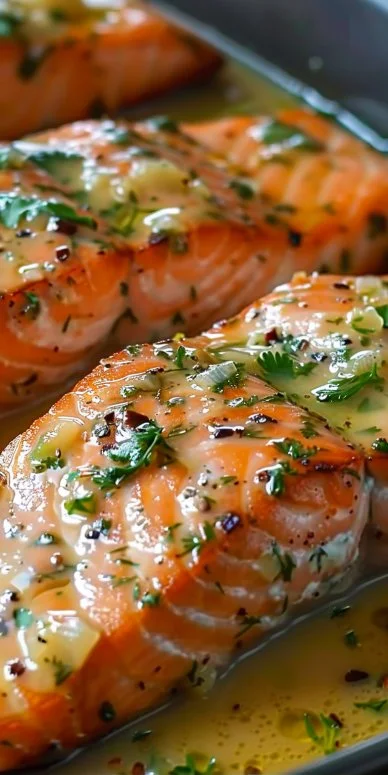 Salmón con salsa de mantequilla de ajo servido en un plato gourmet