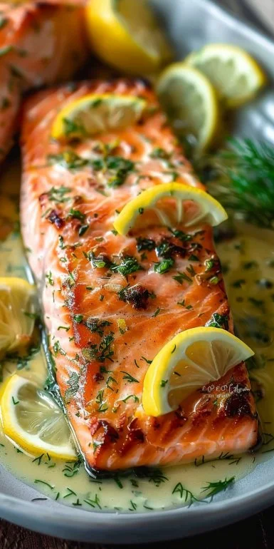 Salmón con salsa de mantequilla de ajo y limón servido en un plato elegante.