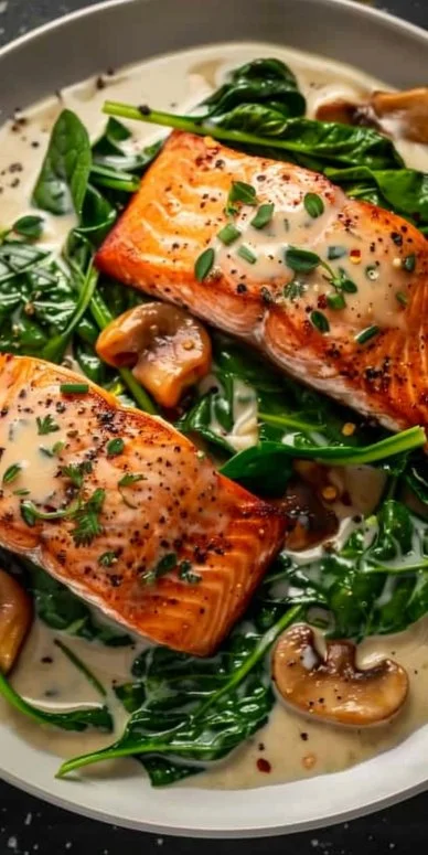Plato de Salmón Cremoso con Espinacas presentado en un elegante plato.
