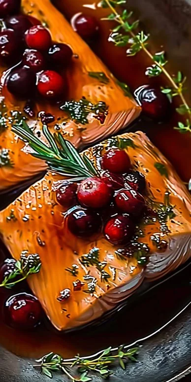 Salmón glaseado con jarabe de arce y salsa de arándano sobre un plato elegante