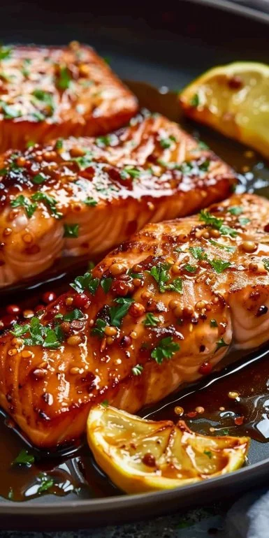 Salmón glaseado con miel y ajo en un plato