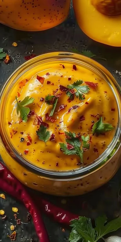 Salsa de Mango con Ajo y Picante, ideal para acompañar platos variados.