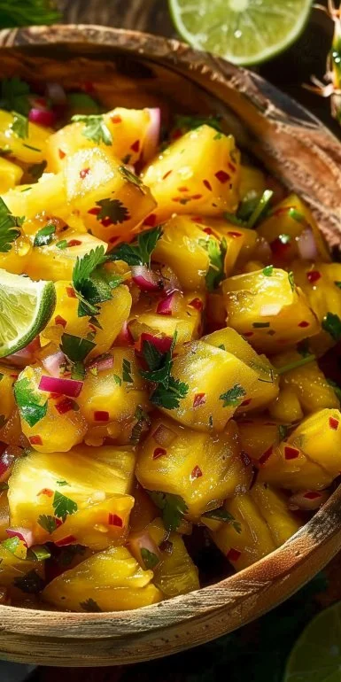 Salsa de piña con lima en un tazón listo para servir