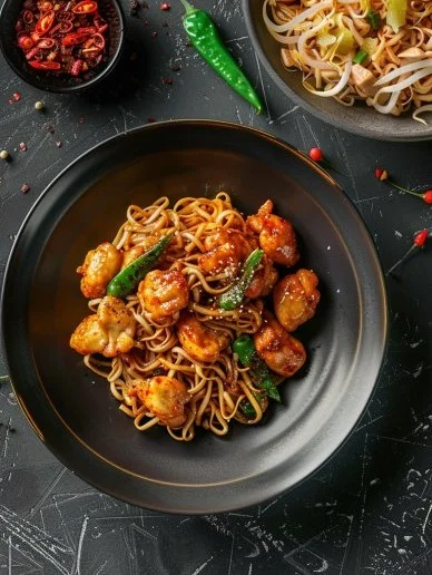 Plato de Salsa de Pollo Chow Mein servido con fideos y vegetales frescos.