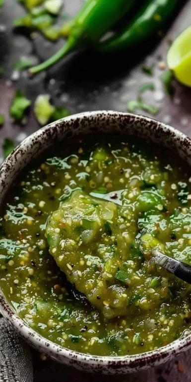 Salsa verde asada servida en un tazón, ideal para acompañar tacos y carnes.