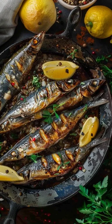 Sardinas al horno listas para servir en un plato decorativo
