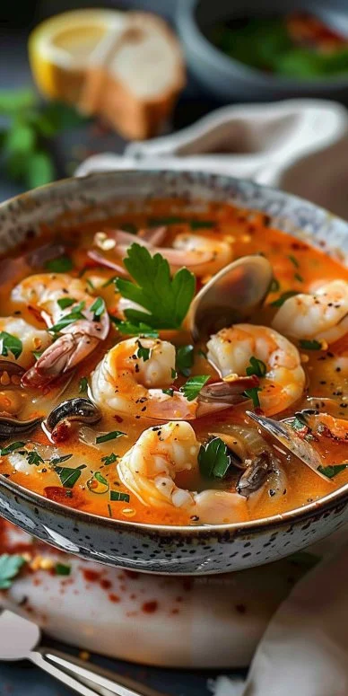 Sopa de marisco casera, receta de la abuela con mariscos frescos y sabrosos.