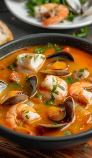 Tazón de sopa de pescado Donostiarra, tradicional y deliciosa, lista para servir.