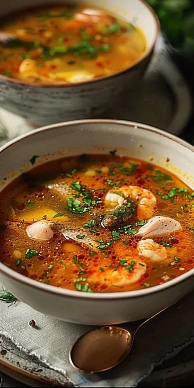 Sopa de pescado tradicional: caldo concentrado