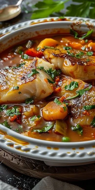 Plato de Sudado de Pescado con verduras frescas y aromáticas hierbas