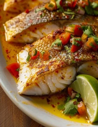 Plato de Sudado de Pescado Peruano servido con arroz y cilantro fresco.