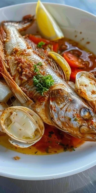Plato de Suquet de Pescado, tradicional receta marinera española con mariscos.