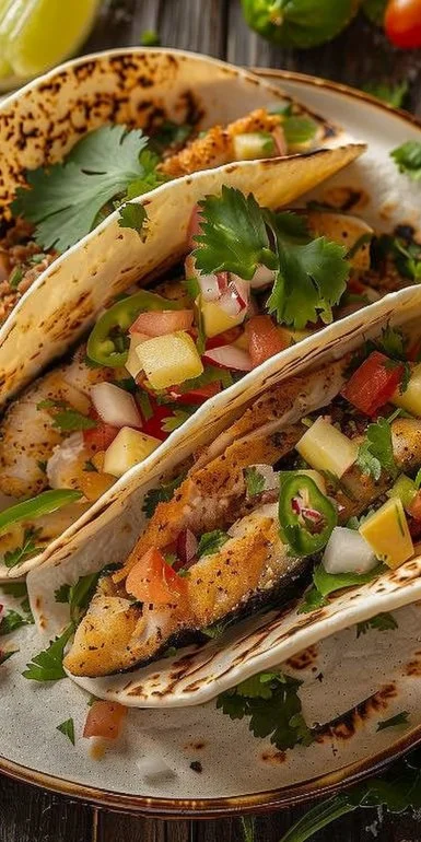 Tacos de pescado frescos servidos con guarniciones y salsa