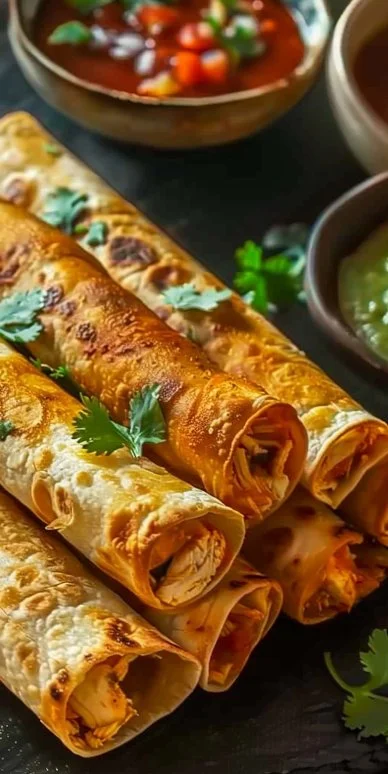 Taquitos de pollo al horno dorados y crujientes en un plato
