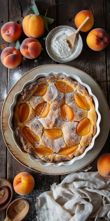 Tarta Clafoutis de Ciruelas recién horneada en un plato decorativo