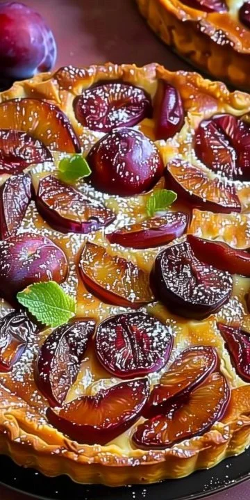 Tarta Clafoutis de Ciruelas fresca y dorada lista para servir