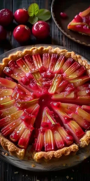 Tarta de Ruibarbo recién horneada, con un aspecto tentador y vibrantes colores.