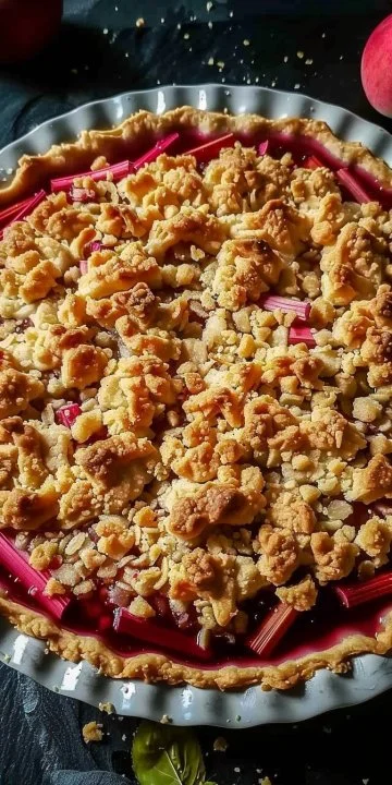 Tarta de ruibarbo crumble recién horneada y lista para servir.