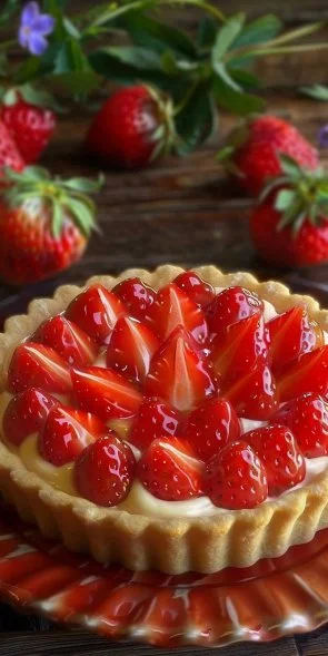 Tarta de fresa crema decorada con fresas frescas y crema batida