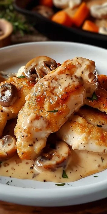 Aiguillettes de Pollo con Crema de Champiñones