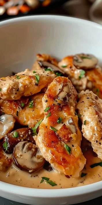 Aiguillettes de Pollo con Crema de Champiñones