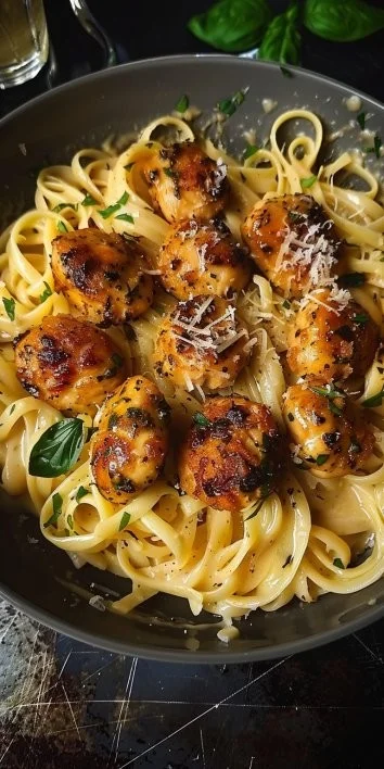 Bites of Chicken with Garlic with Creamy Parmesan Fettuccine