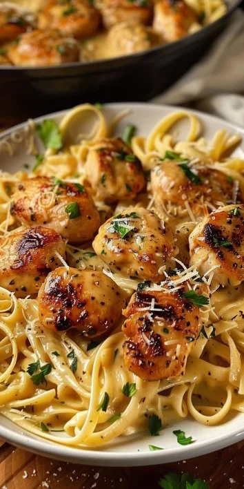 Bites of Chicken with Garlic with Creamy Parmesan Fettuccine