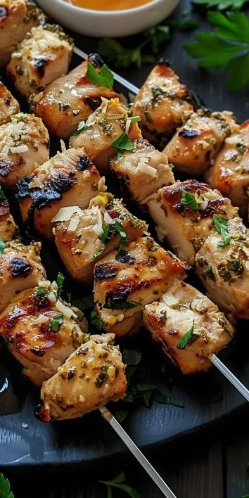 Deliciosas brochetas de pollo parmesano listas para servir.